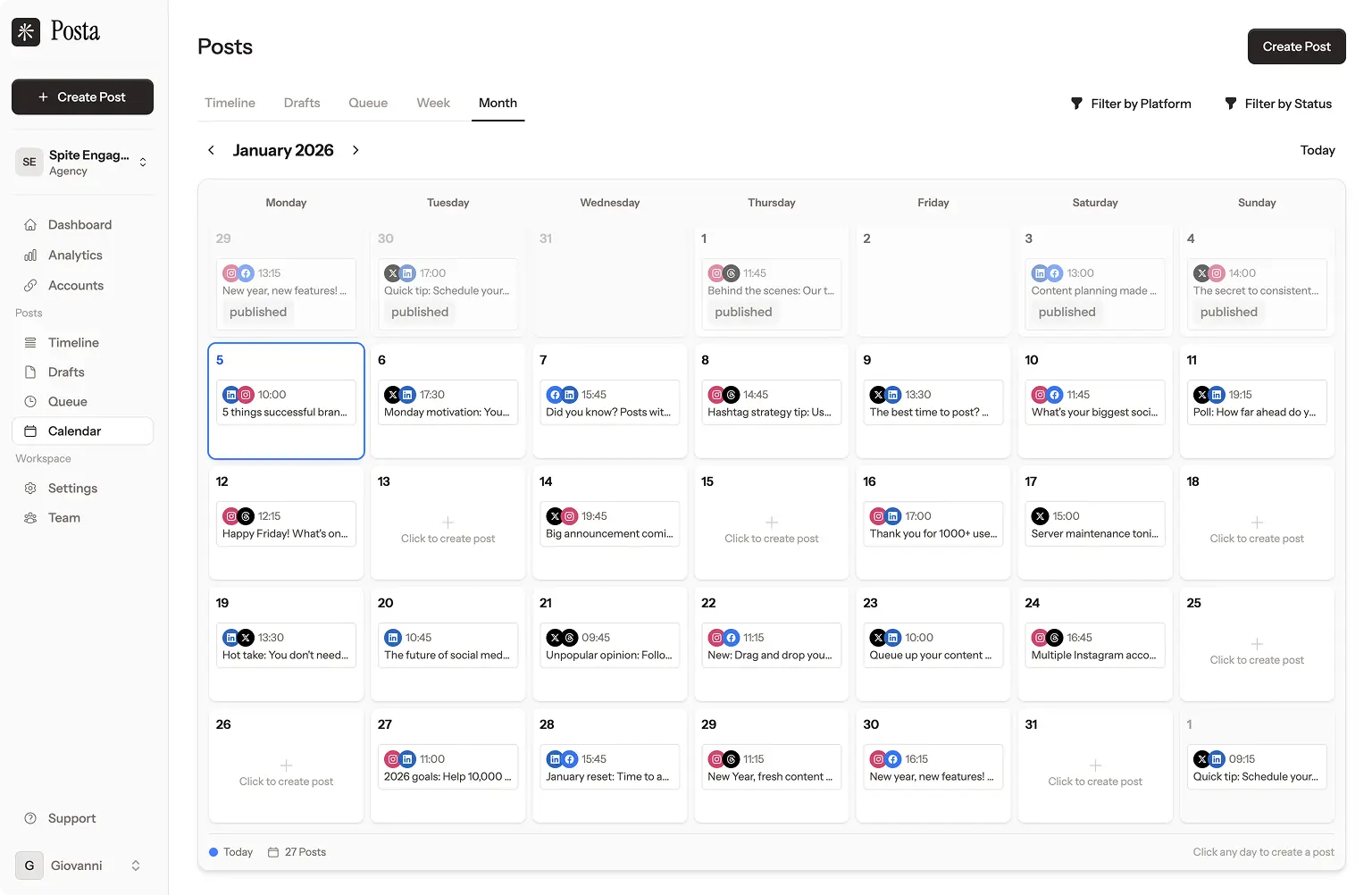 Posta dashboard showing scheduled posts across multiple social media platforms
